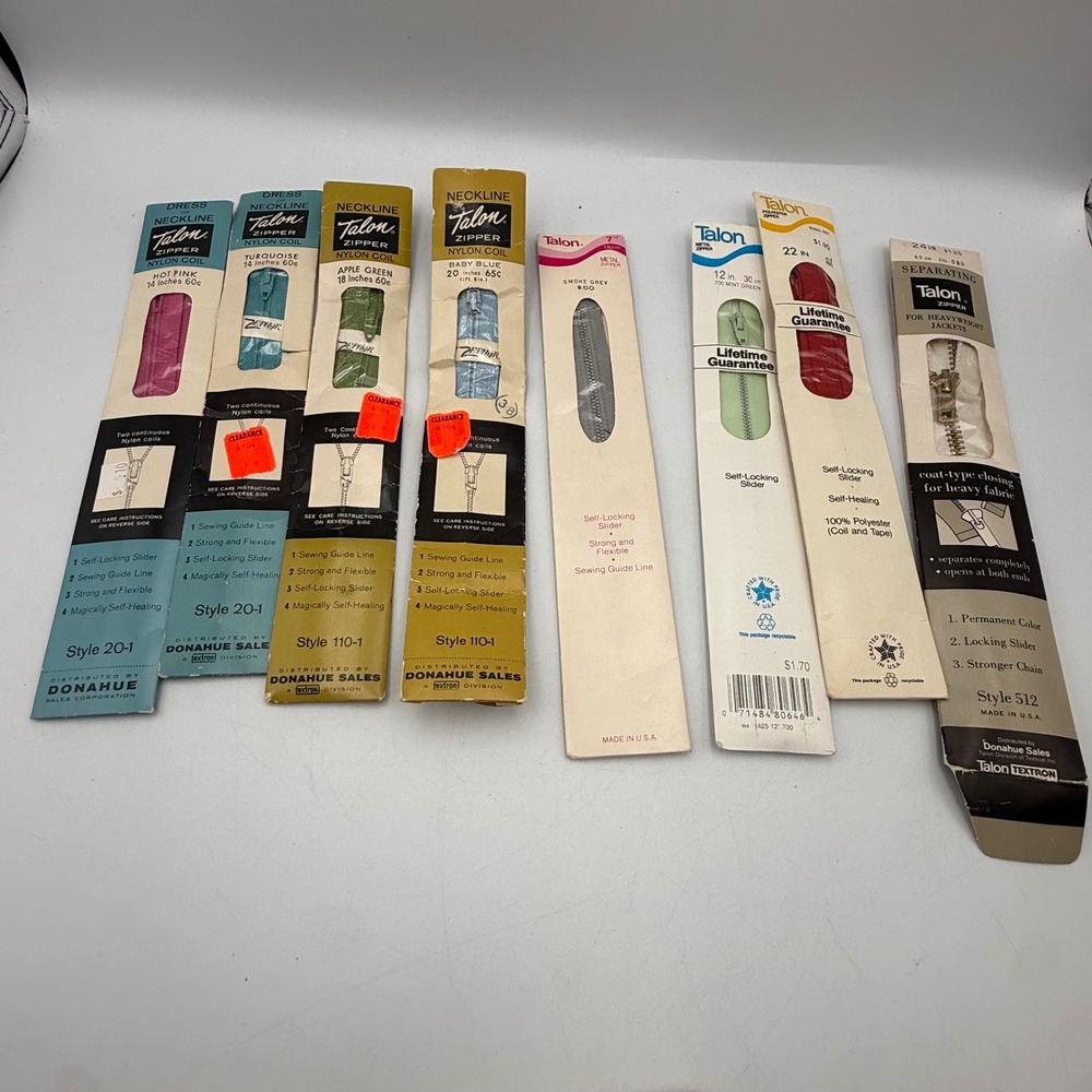 Vintage Talon Zipper Lot 8pc Assorted Colors Sizes Nylon Metal Made in USA NOS